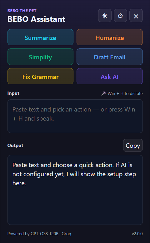 The BEBO Assistant panel — six color-coded actions, powered by GPT-OSS 120B.